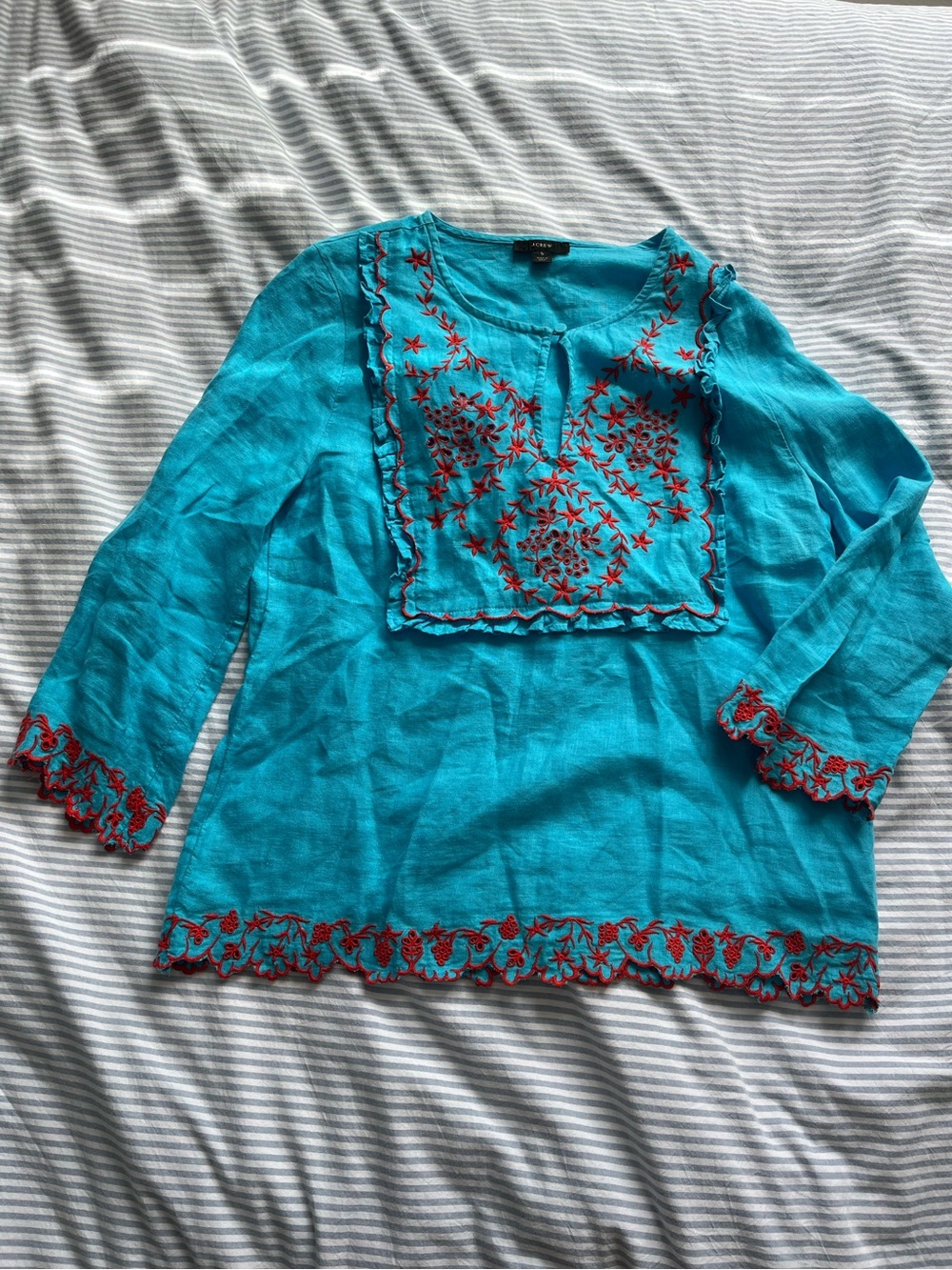 J. Crew LinenTurquoise Tunic with Red Embroidery